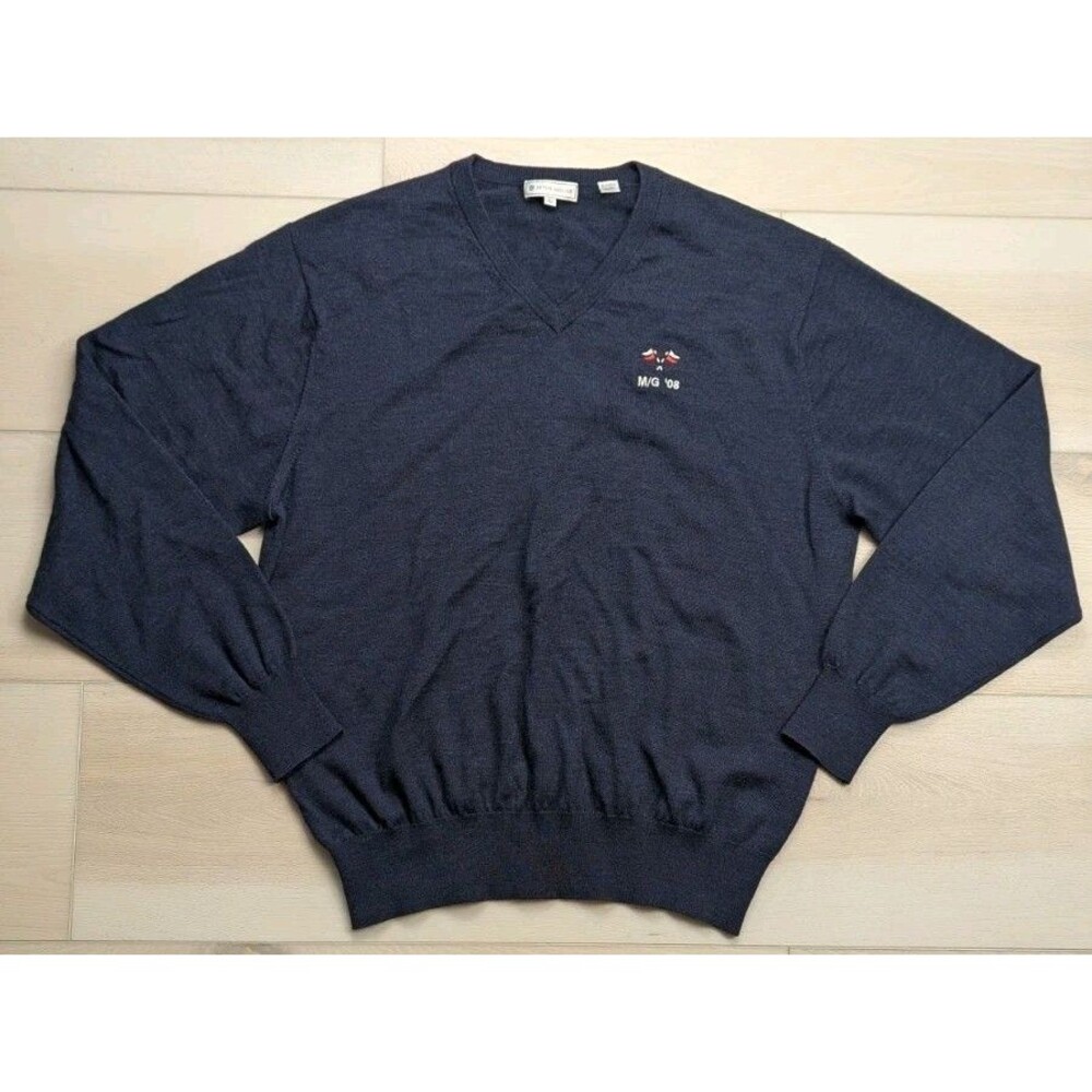 Peter Millar Extra Fine Italian Merino‎ Wool V-Neck Sweater Mens L Navy Blue